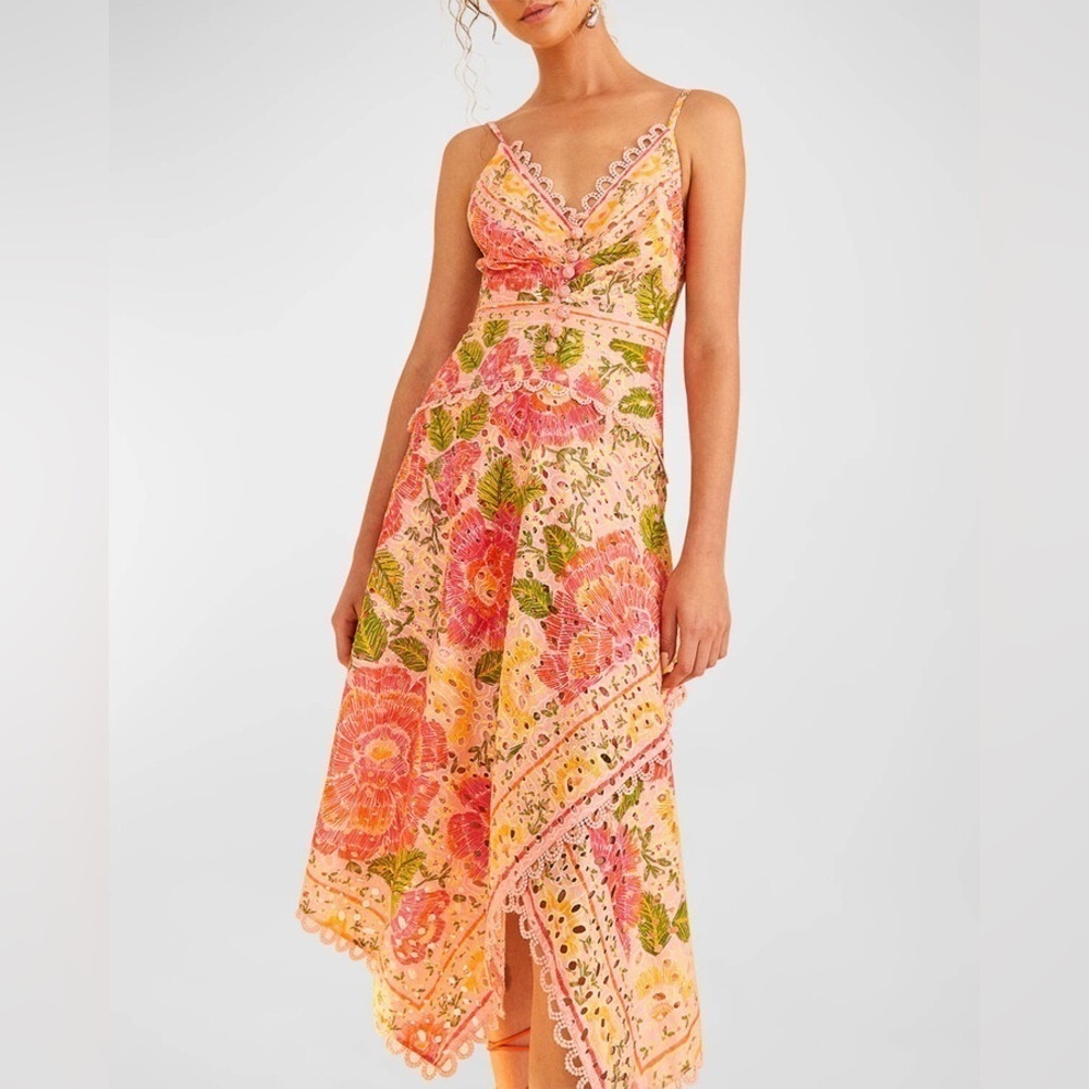 Farm Rio Blooming Floral Embroidered Handkerchief Midi Dress size small